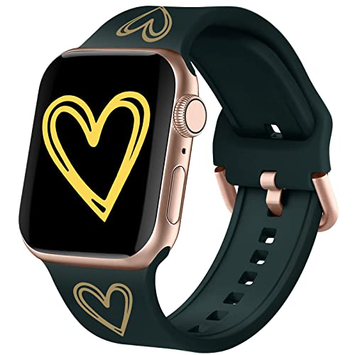 WKC Compatible with Apple Watch Bands 42mm 44mm 45mm 49mm, Soft Silicone Gold Heart Pattern Printed Sport Wristbands with Classic Clasp for iWatch Series SE 8 7 6 5 4 3 2 1, Deep Green