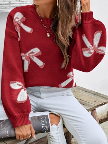 Image of Libsorge Womens Oversized Cute Bows Crewneck Cozy Pullover Sweater | Fall Winter Trendy Long Shoulder Balloon Sleeve Knit Baggy Printed Dressy Casual Valentines Day Vintage Sweaters