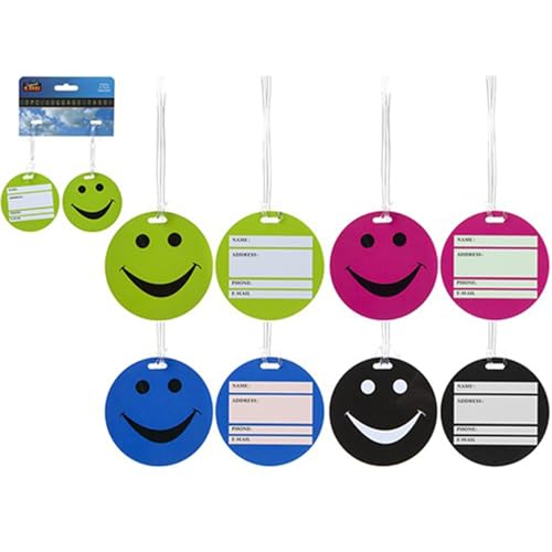 PMS Lot de 2 étiquettes de bagage Smiley de couleurs assorties, rose/bleu/vert/noir, 4 cm