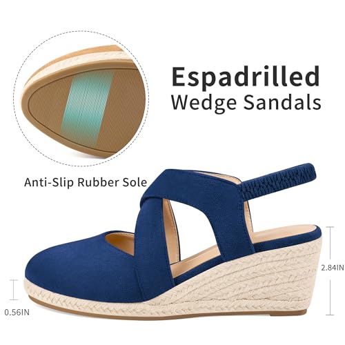 Image of HARENCE Espadrilles Wedge Sandals for Women: Comfortable Closed Toe Ankle Strap Elastic Shoes Summer Dressy Platform Heels