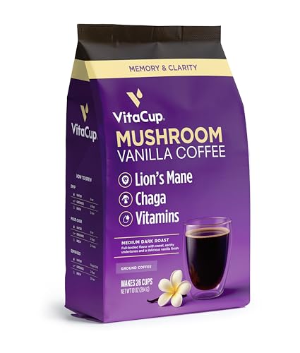 VitaCup Focus Mushroom Coffee Grounds, Vanilla Flavored Coffee with Lions