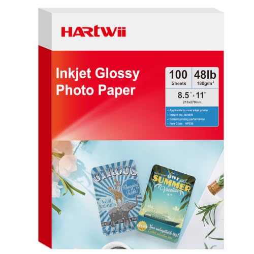 Hartwii 100 Sheets Glossy Inkjet Photo Paper 8.5X11 48lb 180Gsm Professional Photographic Paper for Letter Size 8.5Mil Instant Dry With All Ink Printers