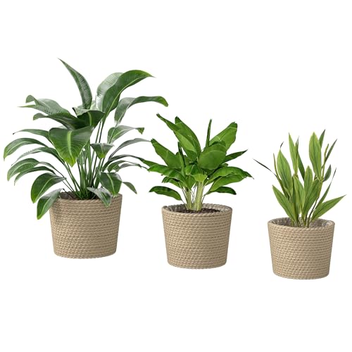 Image of Outsunny Seagrass Plant Pots for Indoor Outdoor Set of 3, Flower Plant Pots with Plastic Liners, Bohemian Style Garden Planters for Home Patio Balcony, Natural
