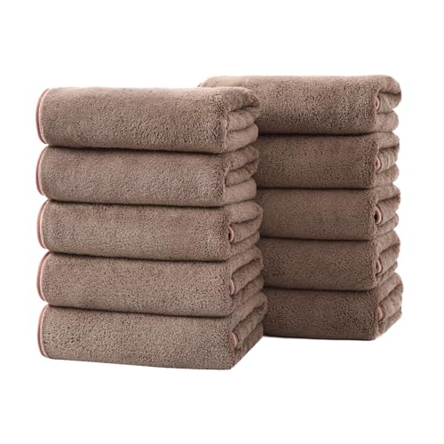 フェイスタオル 10枚セット マイクロファイバー 35X75cm ふわふわ 柔らかい肌触り 高速吸水 速乾 耐久性 抗菌防臭 毛羽落ちしない ホテル仕様 お風呂上がり 家庭用 業務用 (ブラウン)