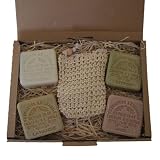 Coffret cadeau 4 savons huile d'olive bio 125 gr Le Sérail et gant en sisal. Parfums Lait d'ânesse- lavande- citron -miel. Fabrication artisanale