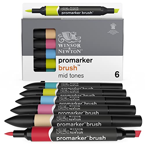 Winsor &Amp; Newton Promarker Brush - Set De 6 Rotuladores De Doble Punta, Punta Pincel, Tinta Base Alcohol, Tonos Medios