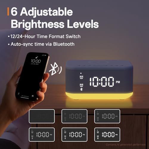 Wireless Charging Alarm Clock Bedroom, Digital Alarm Clocks Bedrooms Bluetooth, Loud Bluetooth Speaker Alarm Clock Night Light Dual Alarm Snooze 12/24H Dimmer Bluetooth AUX USB Charging, Grey by Fansbe Smart - Used condition - Image 4