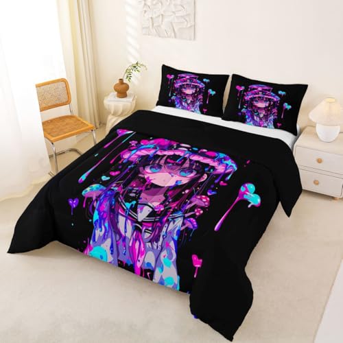 Image of Erosebridal Mushroom Girl Comforter Set for Kids Boys Girls 3D Japanese Girly Bedding Watercolor Graffiti Duvet Set Cute Anime Gifts Comforter Full with 2 Pillowcases