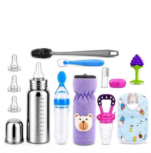 Image of Y. GOYAL & CO. Babyy Feeding Combo Set for Newborns & Infants | Stainless Steel Feeding Bottle, Spoon Feeder, Fruit Feeder & Food Feeder | BPA Free Baby Essentials Kit (10 in 1 Baby Feeding Combo)