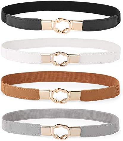 WERFORU Women Skinny Belt for Dresses Retro Stretch Ladies Waist Belt Plus Size Set of 4(Fits Waist 22-29 Inches,Black+Brown+White+Gray)