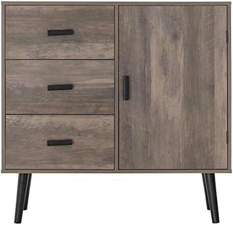 Iwell Storage Cabinet with 3 Drawers and Shelf, Mid Century Storage Cabinet with Wood Leg, Accent Cabinet for Living Room, Bedroom, Enterway, Hallway, Rustic Oak