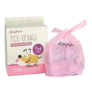 ZippyPaws – Dog Poop Pick-Up Bags, Large Strong Waste Bags with Easy-Tie Handles, Measures 14.5 Inch by 5.5 Inch – Pink, 210 Count