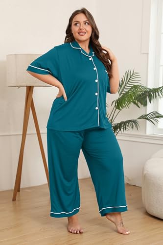 Image of Vozanet Women's Plus Size Pajamas Button Down Shirt and Pants Soft Lounge Sets Bride Nighty Bottom with Pockets 1x to 5x