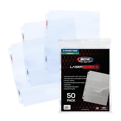 BCW LaserWeld 4-Pocket Currency Page - 50ct | Holds 4 Regular Bills with Label Pocket | Acid-Free Polypropylene | Top Loading, Laser-Welded Pages | Flat, Glare-Free Display for 3-Ring Binders