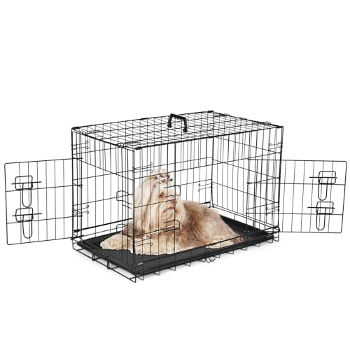 Sweetcrispy Medium Dog Crate with Divider Panel, 30 Inch Double Door Folding Metal Wire Dog Cage with Plastic Leak-Proof Pan Tray, Pet Kennel for Indoor, Outdoor, Travel