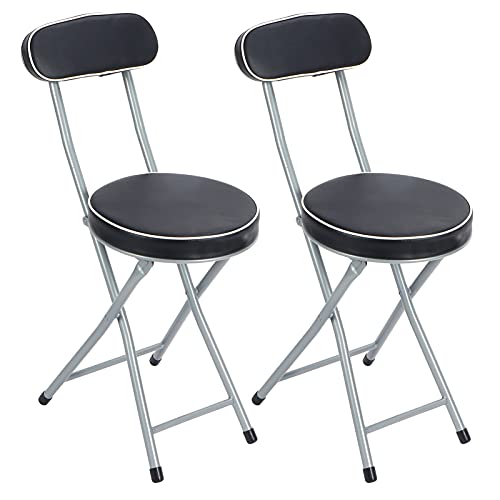 Faltbarer Hocker, Schwämme, PU-Leder, Rückenlehne, Klappstuhl, multifunktionaler Hocker, Bürostuhl mit Rückenlehne, für drinnen und draußen, Party, Camping, Schwarz, 2 Stück