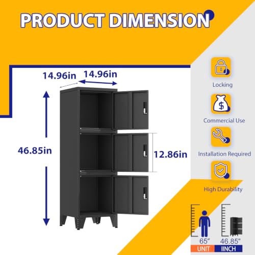 Image of PAOFIN Metal Narrow Storage Lock Cabinet | 47 inch Filing Cabinets with 3 Locker Drawers for Home Office, Bathroom, Living Room, Dinning Room (Black)