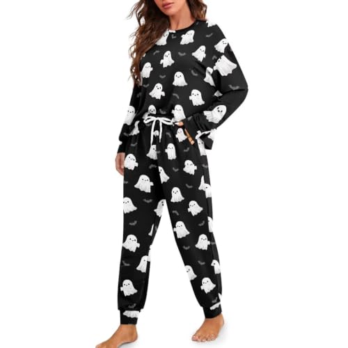Image of Womens Lounge Set Long Sleeve Soft Pajama Sets | Casual 2 Piece Pj Outfit, Crewneck Sleepwear with Pockets, Adjustable Drawstring, Soft Comfy Fall Pajamas, Plus Size