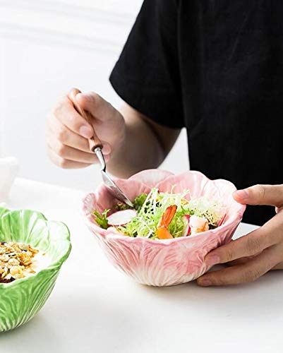 Espicades Cabbage Series Cartoon Ceramic Dinner Bowl&Plate with Spoon Set-Pink/Green(1 Bowl+1 Plate+1 Spoon) Set of 3