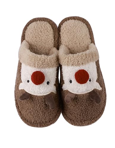 Women's Christmas Reindeer Fuzzy Cute Warm House Slippers Stuffed Animal Bedroom Indoor Shoes