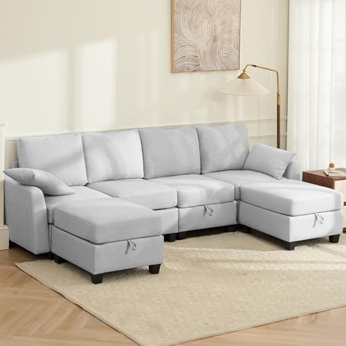 Winlice 4-Seat U-Shaped Linen Sectional Sofa with Ottoman