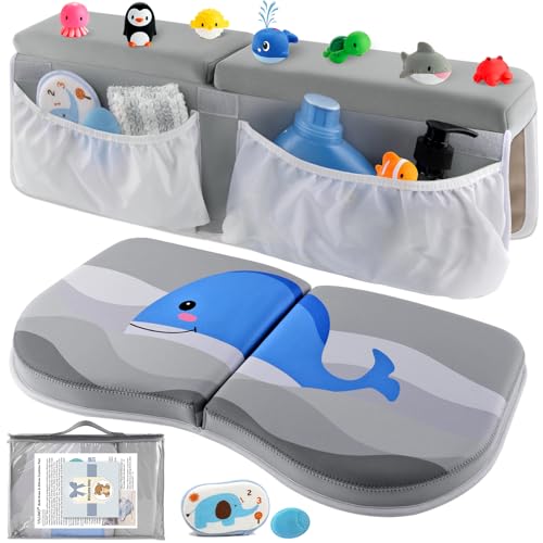 Image of Yalumo Bath Kneeler and Elbow Rest Pad Set for Bathing Baby, Thick Comfortable Bathtub Kneeling Mat with Arm Support Cushion and Toy Organizer Pockets for Babies, Quick Drying Non-Slip Memory Foam