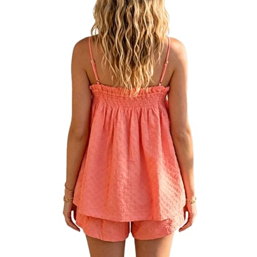 Image of SOOKABEILA Women 2 Piece Lounge Set Sleeveless Striped Cami Peplum Top Boxer Shorts Loose Ruffle Matching Pj Sets Outfits