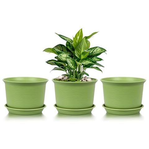 Vodotion Flower pots ，3 pcs 7.2 Inch Plant Pots with Drainage and Trays – Modern Decorative Plastic Planters for Indoor and Outdoor Plants, Flowers (Green) Cover
