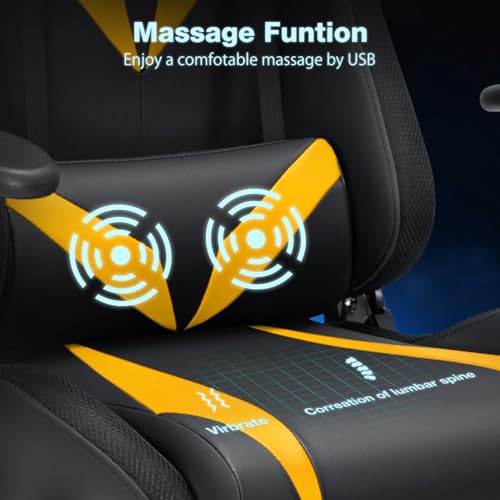 HOFFREE Gaming Chair with Bluetooth Speakers and Led Lights Massage Video Game Chair with Footrest Reclining High Back Computer Gamer Chair Yellow and Black