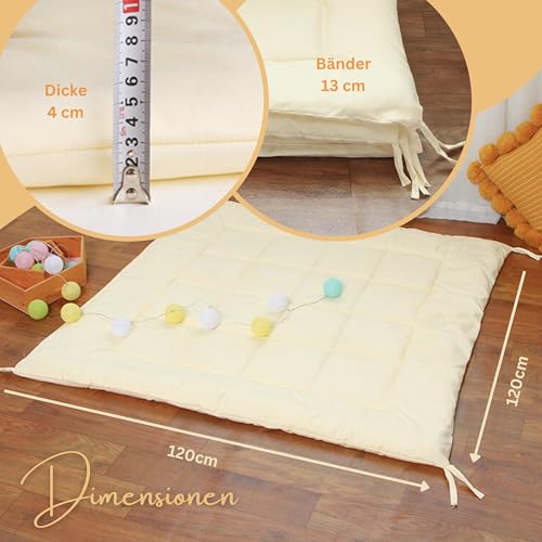 LIONHERZ® Tipi-Matte mit Bänder 120x120cm | gepolsterte Bodendecke für Spielzelt/Spielhaus | weiche quadratische Spieldecke für Kinder| abgesteppte Einlage/Unterlage zum Binden (Sunny Cream)