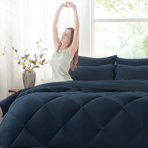 Anluoer Twin Comforter Set,Navy Blue Bed in a Bag 5 Piece,Lightweight Bedding Set with Soft Down Alternative Fill,Bed Set Includes Comforter, Fitted Sheet, Flat Sheet,Pillowcase and Sham
