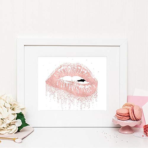 Preisvergleich Produktbild oioiu Lippenbiss druckt Wandkunst tropfende Lippen glitzernde Lippen Leinwandmalerei Roségold Lippen Sublimation Bilder Mädchen Raumdekoration