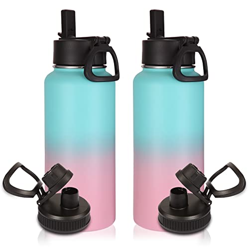 Image of Volhoply 32 oz Water Bottles Bulk 2 Pack with Straw Lid & Spout Lid,Insulated Sports Water Bottle,Double Wall Vacuum Stainless Steel Cups,Leakproof Wide Mouth Metal Flask for Travel(Green Pink,2)
