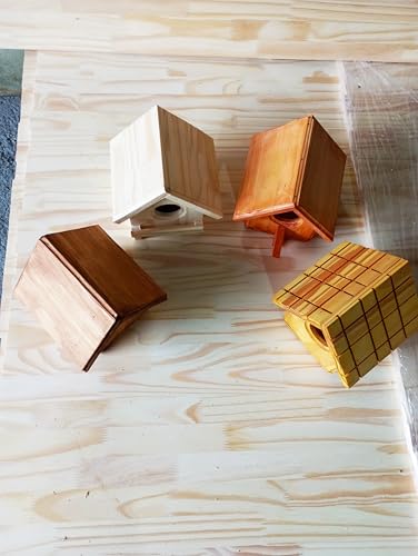 Kit 04 Casas de Passarinho de Madeira Maciça, Cores Variadas, 12x14x16cm