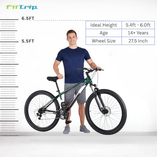 Image of FitTrip Dominator 27.5 T Unisex MTB | 21 SPD Shimano Gear Cycle for Boys | Zoom Alloy Lockout Suspension | Imported Clarks UK Dual Disk Brakes | Unisex Stunt MTB Cycle (British Racing Green)
