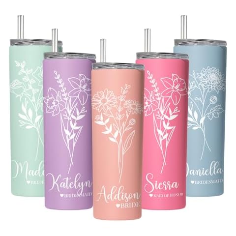 Personalized Tumbler Sets with Birth Flower and Custom Name & Title, 20oz Tumbler with Straw, Lid & Box - Personalized Bridesmaid Gifts, Birthday Gifts, Group Gifts, CoWorker Gifts & More (Set of 4) Cover