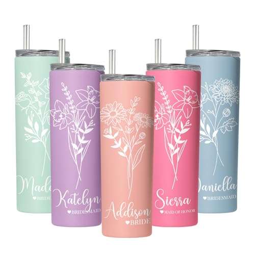 Personalized Tumbler Sets with Birth Flower and Custom Name & Title, 20oz Tumbler with Straw, Lid & Box - Personalized Bridesmaid Gifts, Birthday Gifts, Group Gifts, CoWorker Gifts & More (Set of 7)