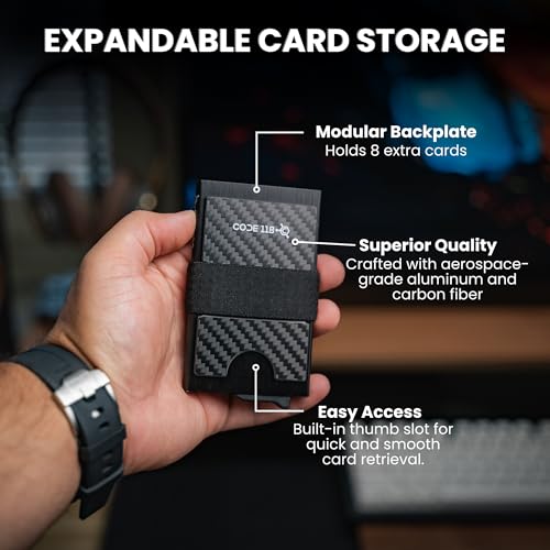 Image of Code 118 Modular Backplate - Slim Minimalist Aluminum Wallet Accessory - Expandable Cash & Business Card Holder -Modular Add-on for Men Expands Storage up to 8 cards, Wallet not Included(Carbon Fiber)