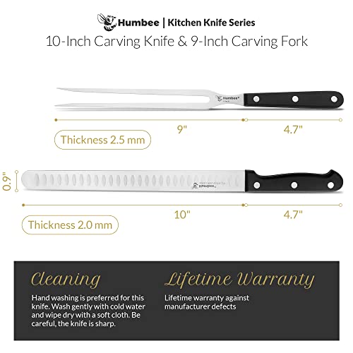 Humbee Chef 10 Inch Meat Carving Knife With Fork, Granton Edge - Full Tang & Razor Sharp - For Cutting Smoked Brisket, Bbq Meat, Turkey #TOP4