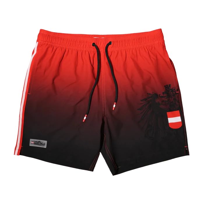 Hoamatkult Badehose Österreich Adler WM Edition rot schnelltrocknend 4-Wege-Stretch wasserabweisend elastischer Bund mit Kordelzug Herren Sommer Shorts - L