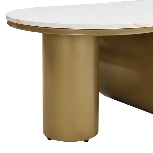 Image of Faux Marble Nesting Coffee Table Set of 2 | Coffee Table Set with End Table,Oval Living Room Table with Gold Metal Base,Marble Grain Top & 1 Drawer,Stack Tea Table Set