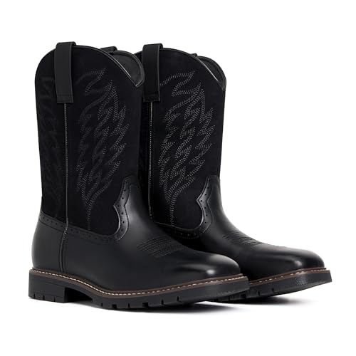 Image of Julyrose Men's Cowboy Boots - Western Boots Square Toe,Slip Resistant,Retro Embroidered Design,Slip on Chunky Heel Country Boot