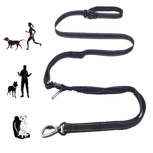 AOTECC Hands Free Dog Leash, Shock Absorbing Bungee Leash with Car Safety Buckle for Walking Running Training, Padded Dual Handle and Reflective Strip, 6.3-8.5Ft MAX extented to 9.7FT (Black)