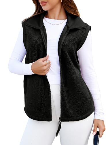 Glamaker Womens Fuzzy Sherpa Fleece Vest Casual Sleeveless Outerwear Travel Zip Up Jacket Lightweight Warm Gilet With Pockets