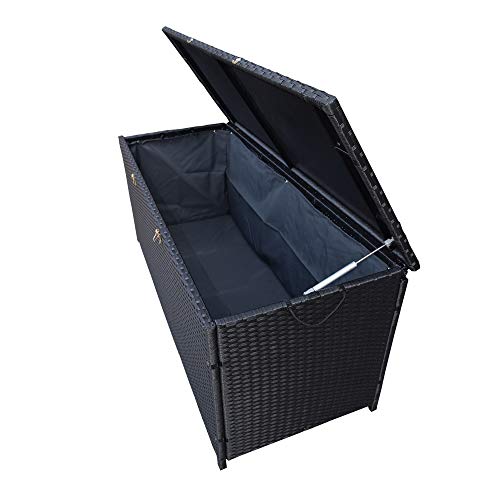 Image of Oakland Living Dark Black Indoor and Outdoor Balcony Patio Deck Porch Pool 113 Gallon Wicker Storage Box Trunk Bin with Metal Frame
