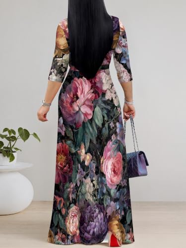 Image of PinkPatty Women's Plus Size Maxi Dresses Casual Flowy 3 /4 Sleeves Dress Printed Vacation Dress for Daily Wear with Belt