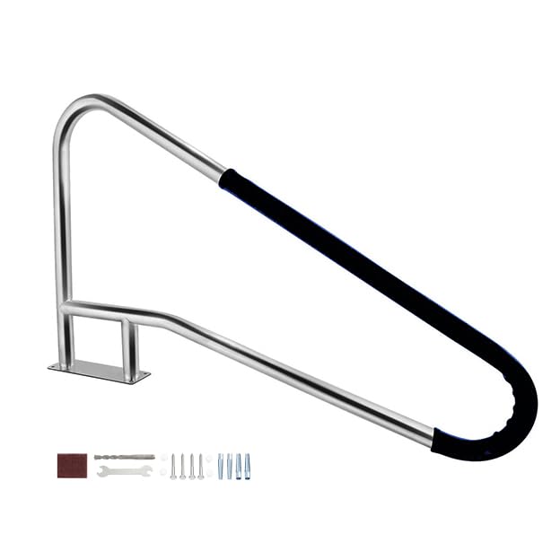 Pool Rail Swimming Pool Handrail - Black Grip Cover - 250LBS Load Capacity - 304 Stainless Steel - Silver Rustproof Pool Railing Humanized with Black Grip Cover - Drill Bit & Screws (53x33 Inch)