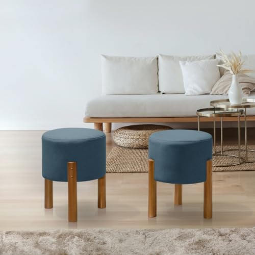 2 Elegantes Puffe Redondo De Tecido Suede Com Pés De Madeira Azul