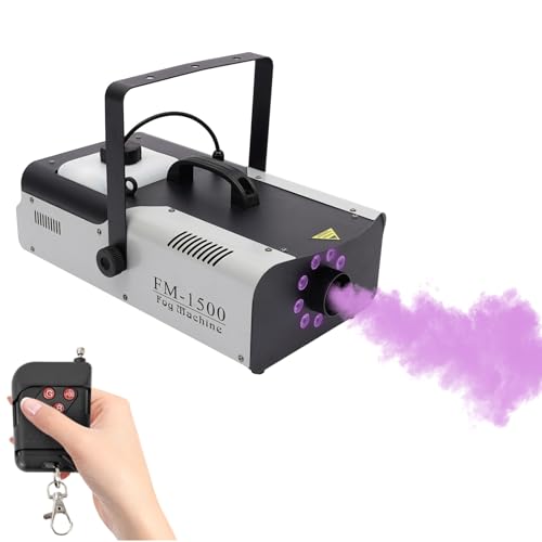 1500W DMX Nebelmaschine 2.5L-Tank für Nebelmaschine-Flüssigkeit 230V Nebelmaschinen 9 x 3W RGB+Mischfarben LED Bühnenlicht Rauch Nebelmaschine mit Fernsteuerung 1-10min-Aufwärmzeit 1.2m-Stromkabel