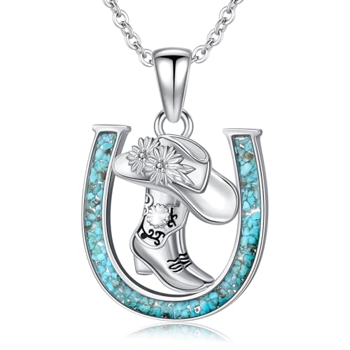 Western Cowboy Necklace 925 Sterling Silver Horseshoe Pendant Western Jewelry Cowgirl Gifts for Women Girlfriend Cowboy Cowgirl